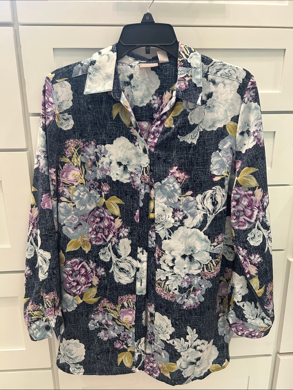 Chico's Black Floral Button-Down Shirt with Purple and White Blooms